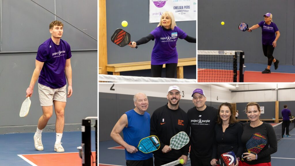 Collage of pickleball players participating in charity pickleball tournament.